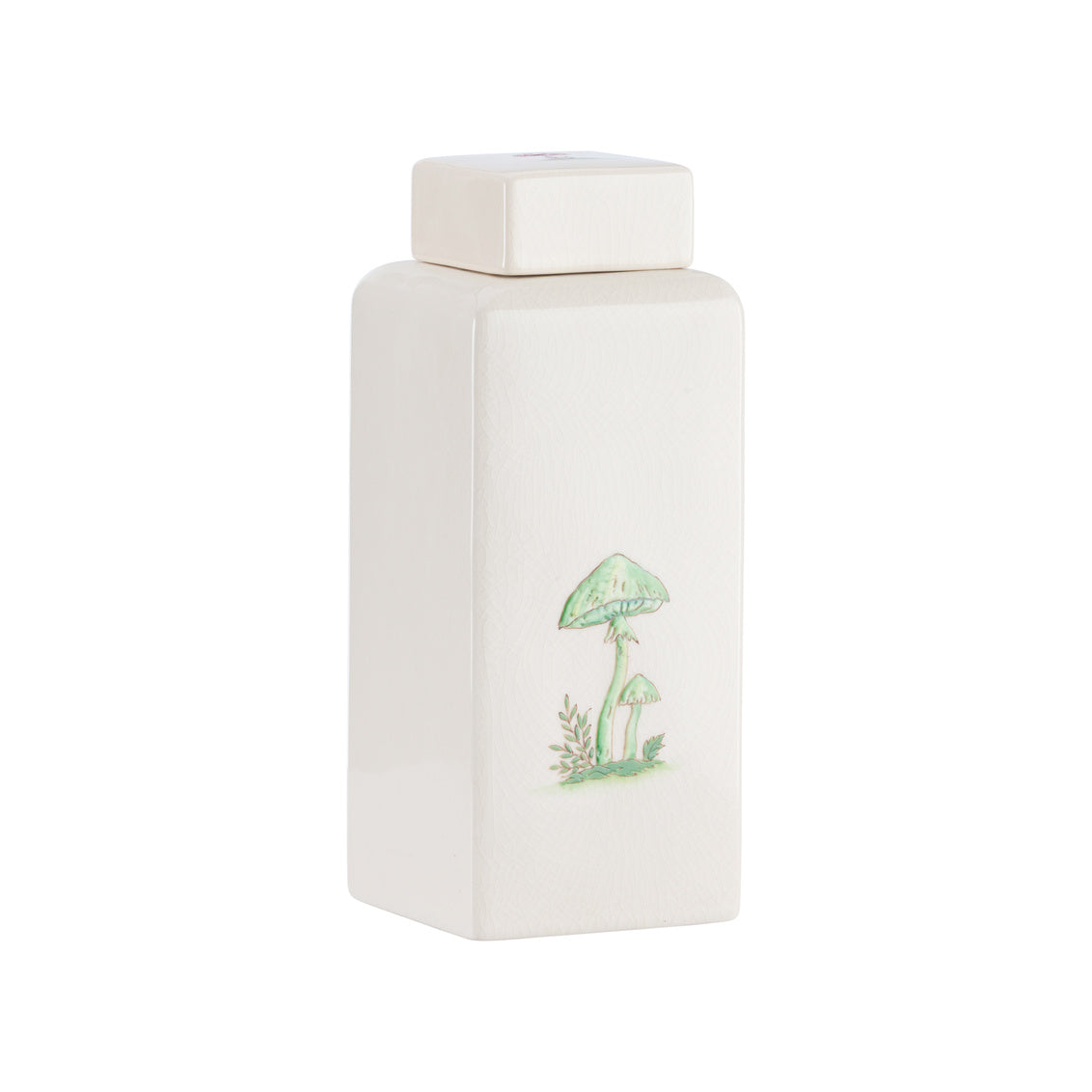 Mushroom Jar - Large has a whimsical hand-painted mushroom on creamy glaze