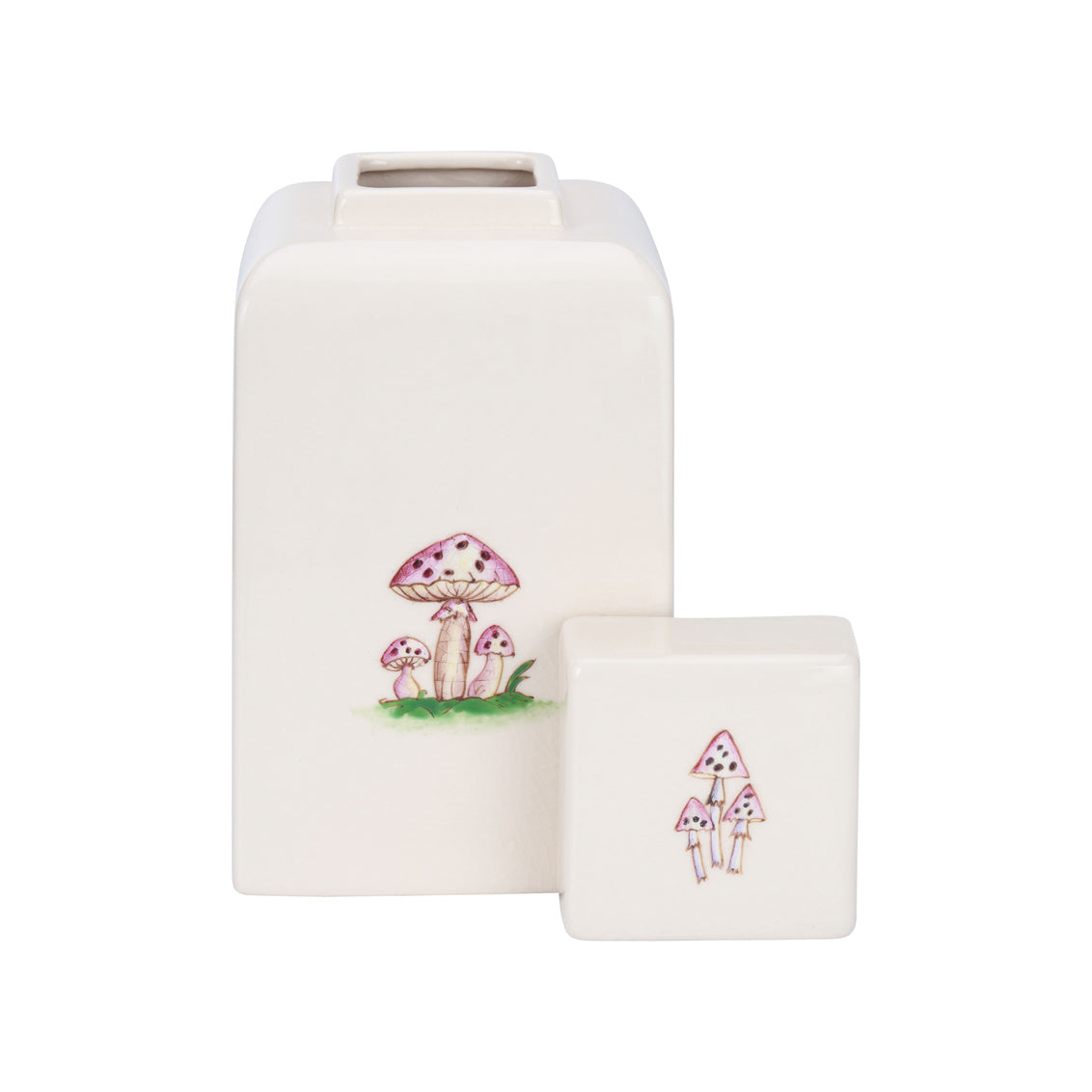 Mushroom Jar - Medium with hand-painted mushrooms on creamy glaze