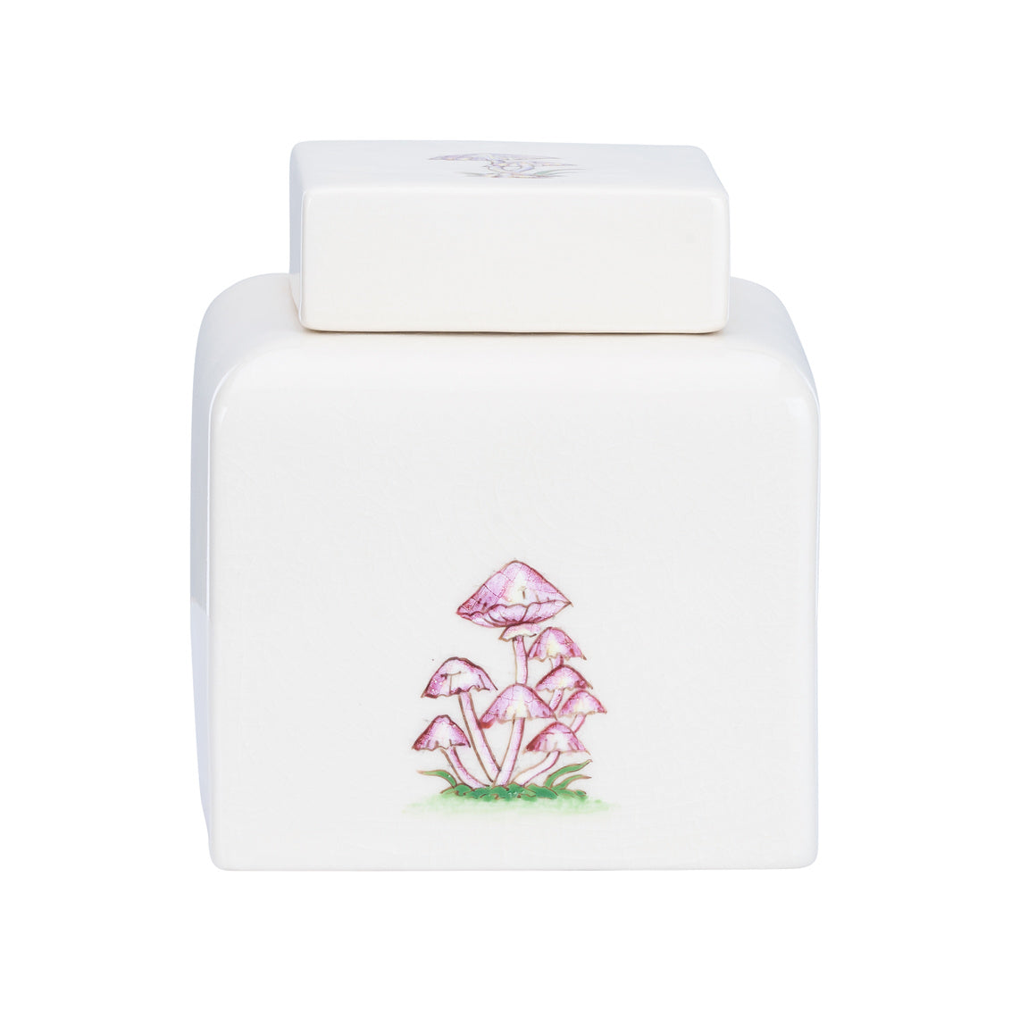 Mushroom Jar - Small has whimsical hand-painted mushrooms on creamy glaze