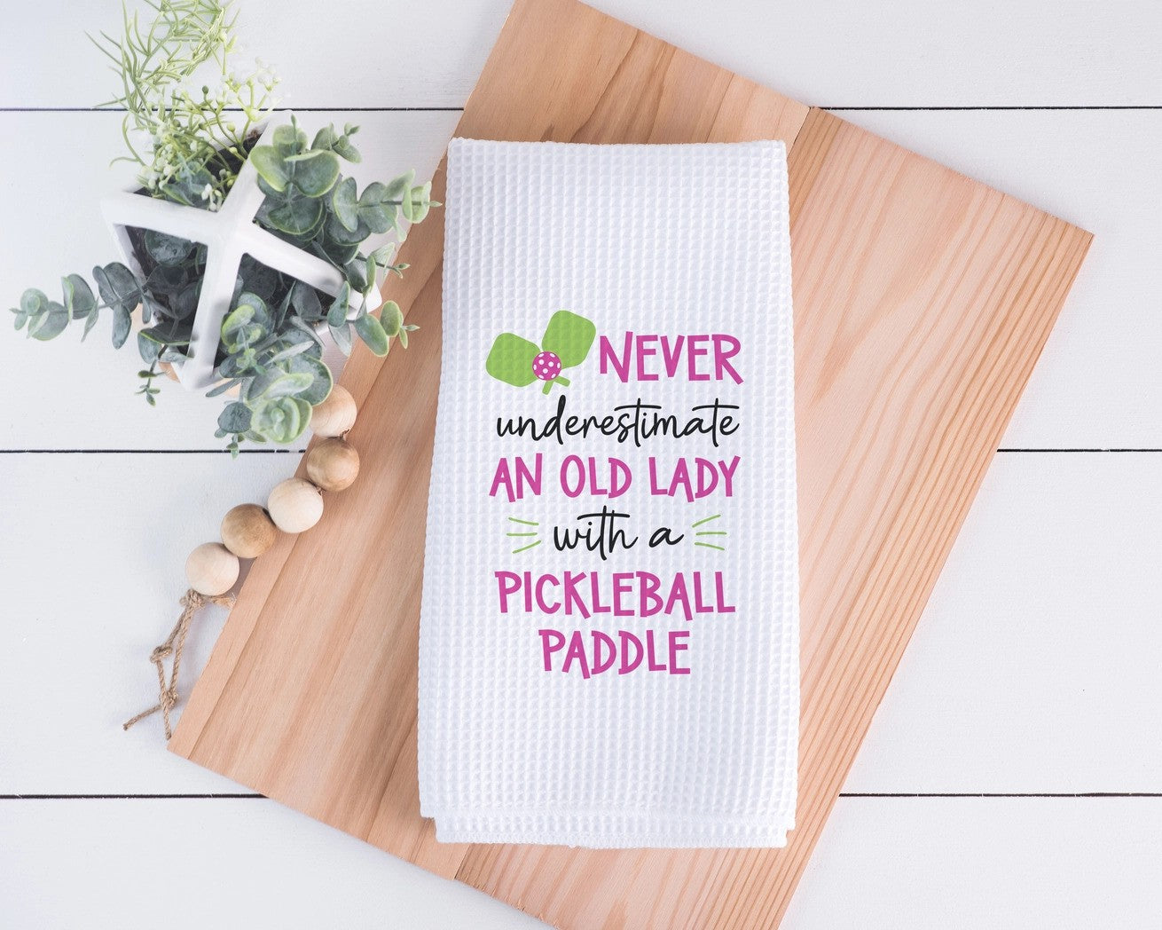 Old Lady Pink Pickleball Kitchen Towel in lifestyle setting