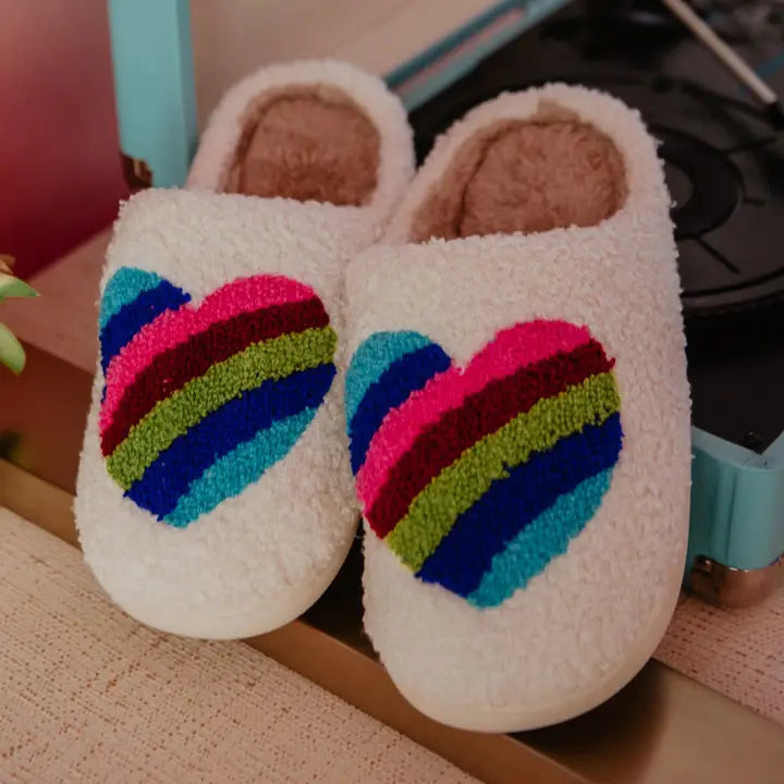 Rainbow Heart Fuzzy Valentine Slippers