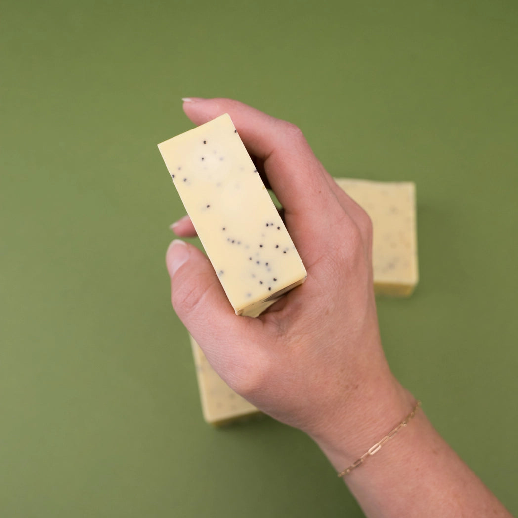 Rosemary + Lemon Natural Bar Soap has poppy seeds