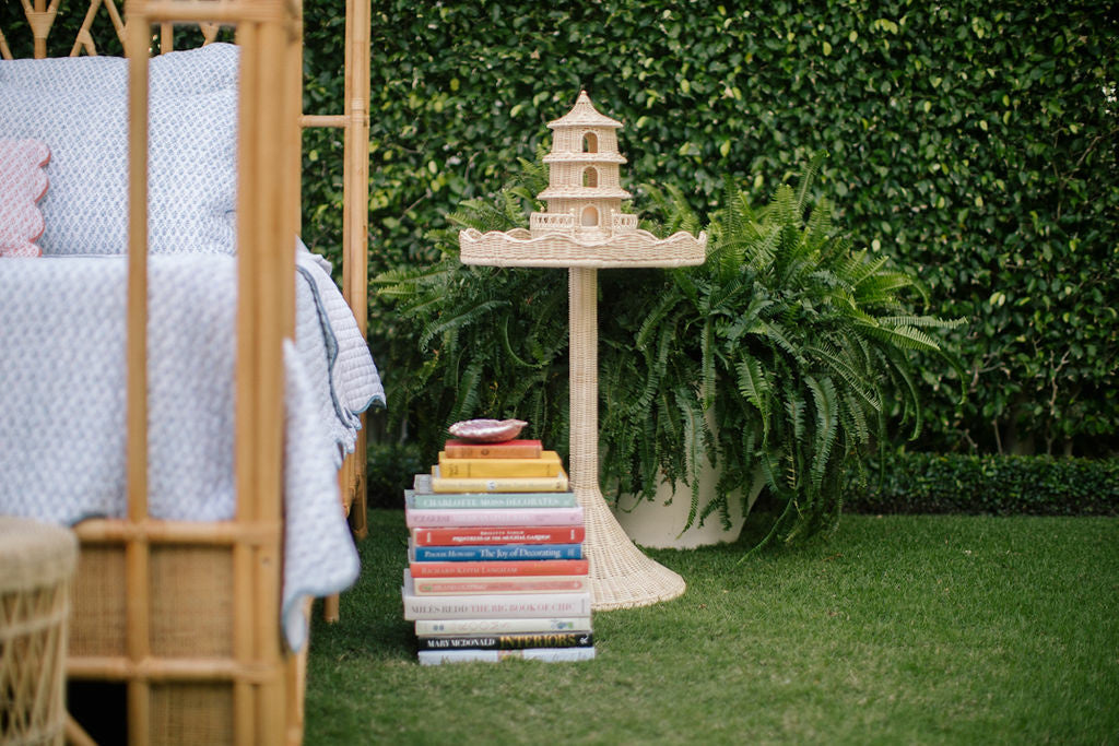 Sloane Side Table by Amanda Lindroth hand-woven rattan with tulip base