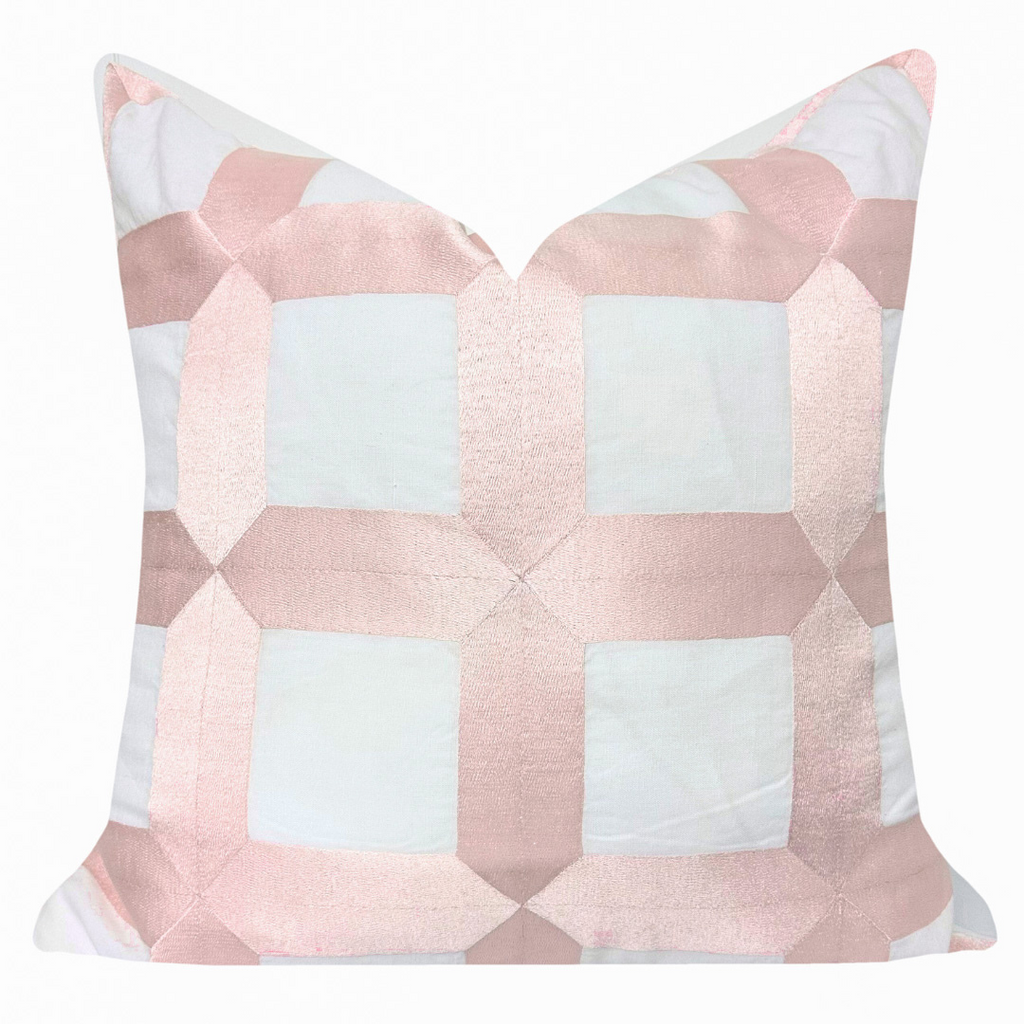 Embroidered Square Lattice Pink 22&quot;x22&quot; Throw Pillow