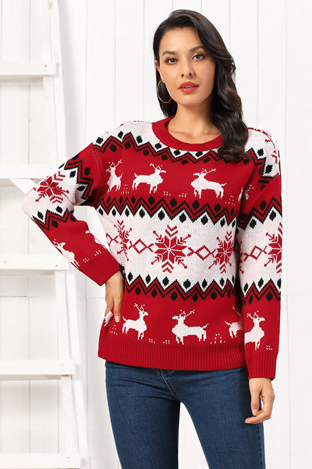 Reindeer Round Neck Sweater in deep red