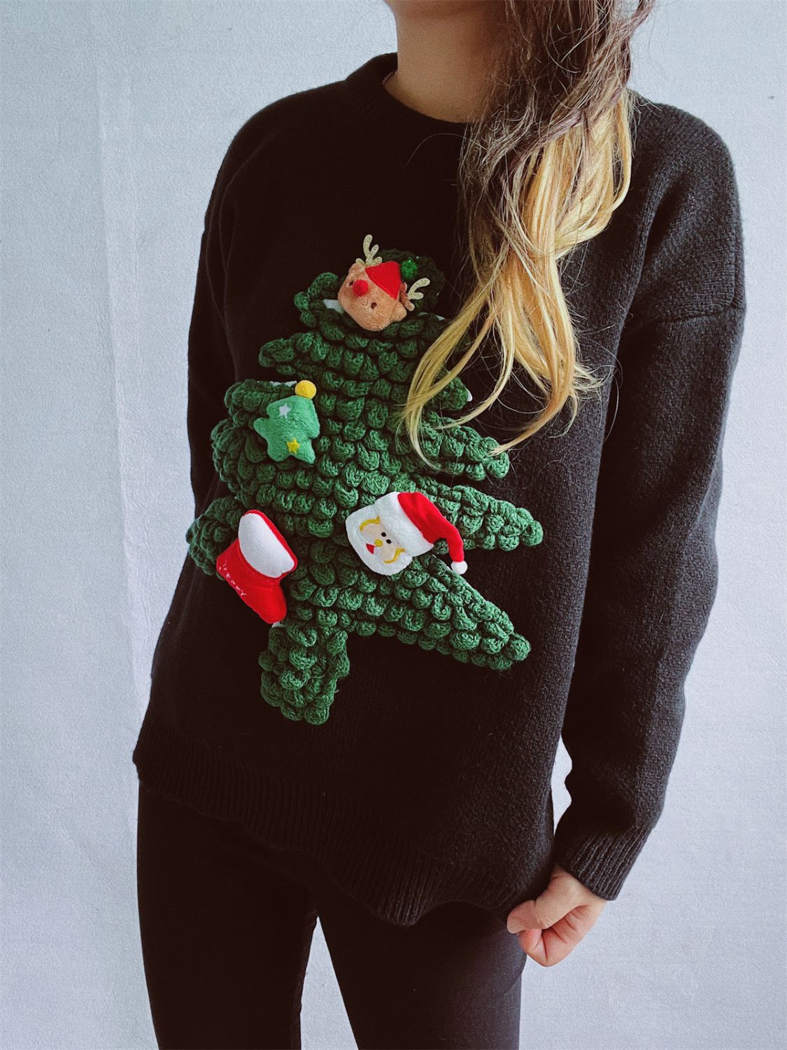 Christmas Tree Round Neck Long Sleeve Sweater in black