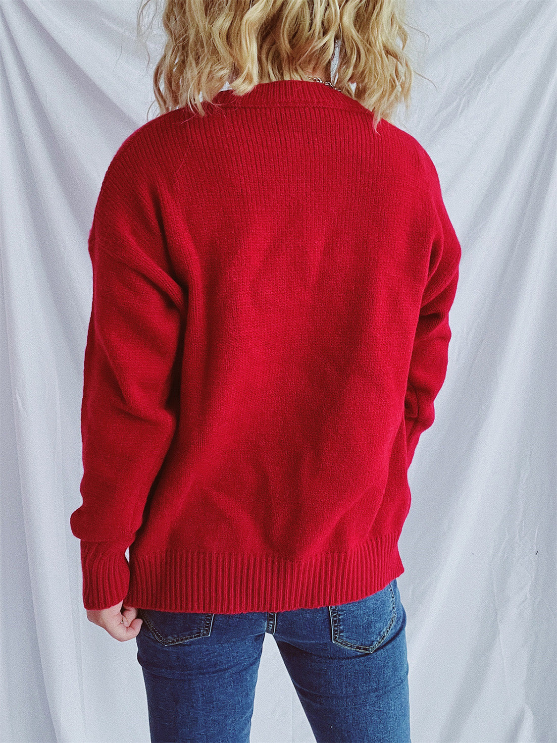 Contrast Star Round Neck Long Sleeve Sweater in scarlet