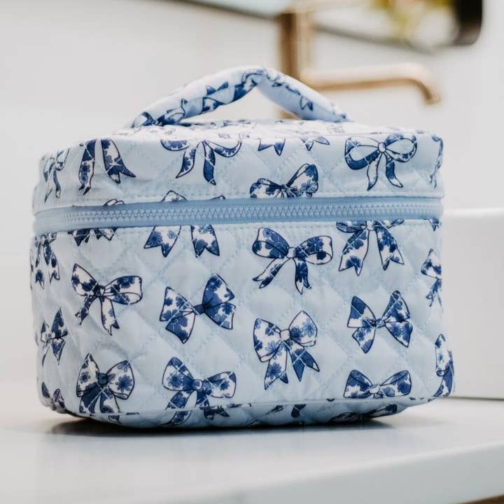 Light Blue Toile Coquette Bows Makeup Bag
