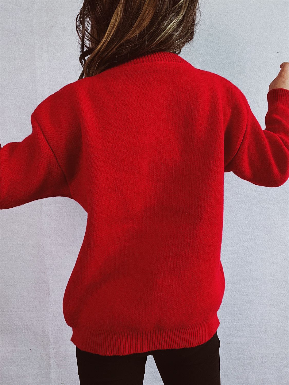 Christmas Tree Round Neck Long Sleeve Sweater in deep red