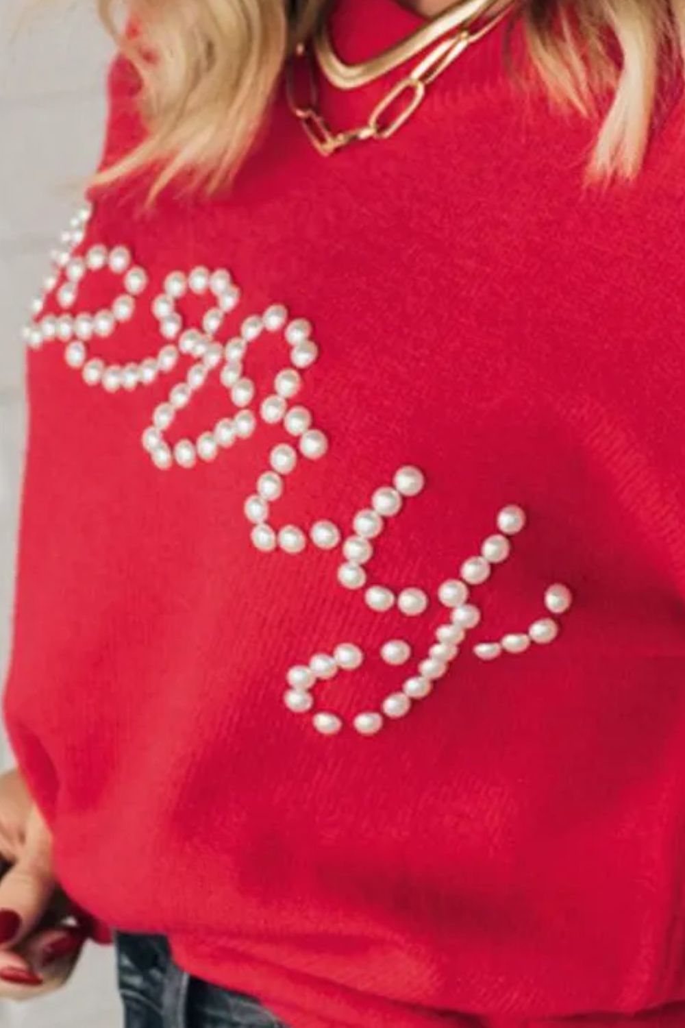 Letter Pearl Detail Round Neck Long Sleeve Sweater in deep red
