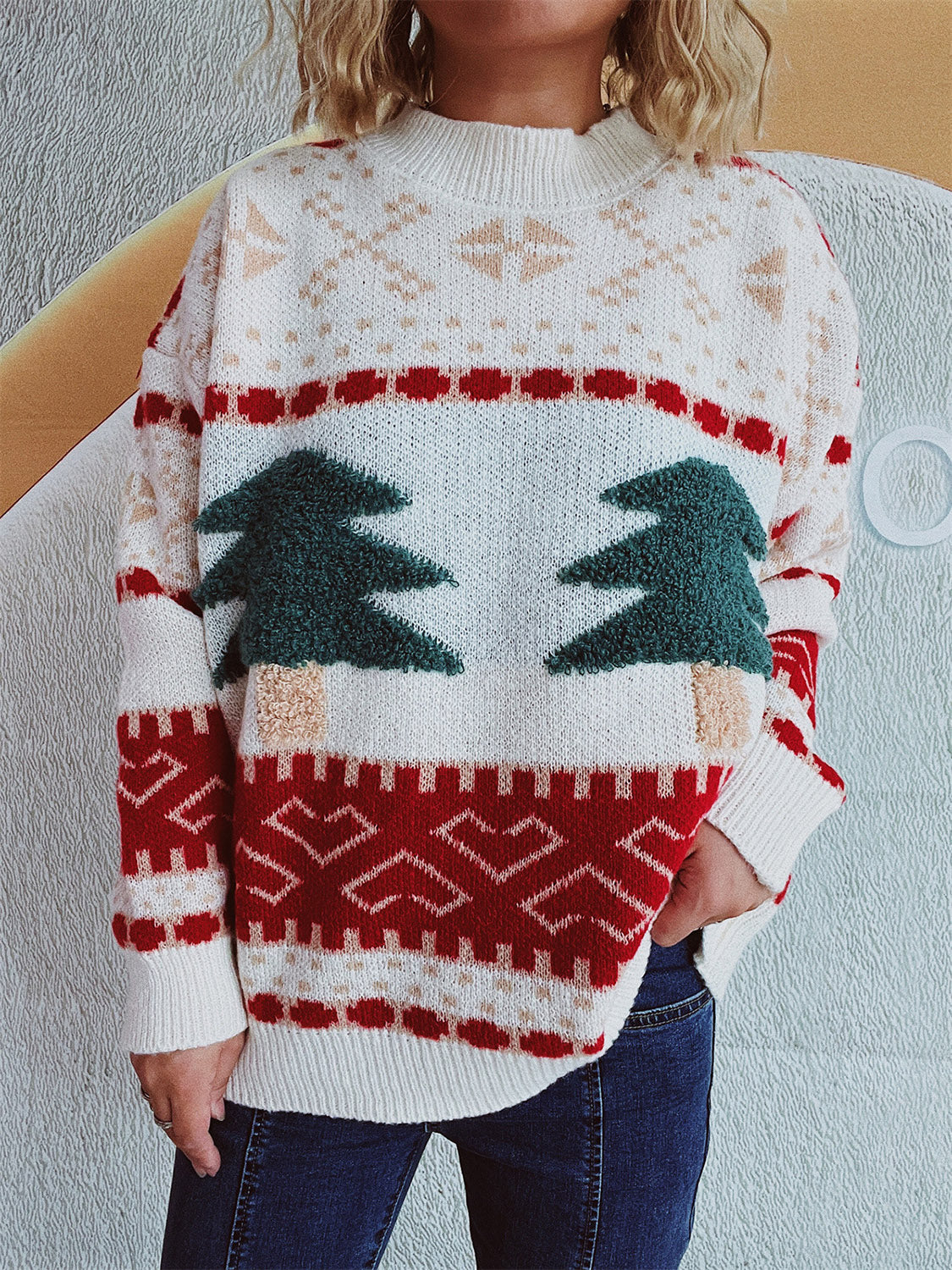Christmas Tree Mock Neck Long Sleeve Sweater in beige
