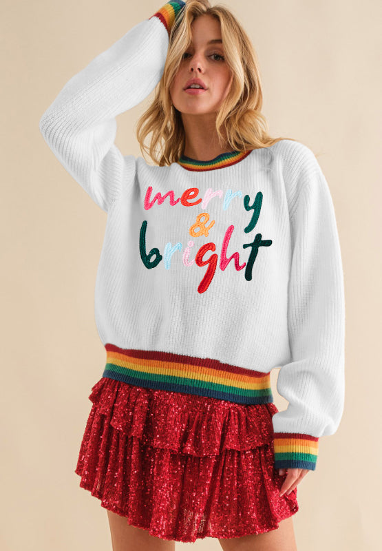 MERRY & BRIGHT Ribbed Round Neck Sweater in white