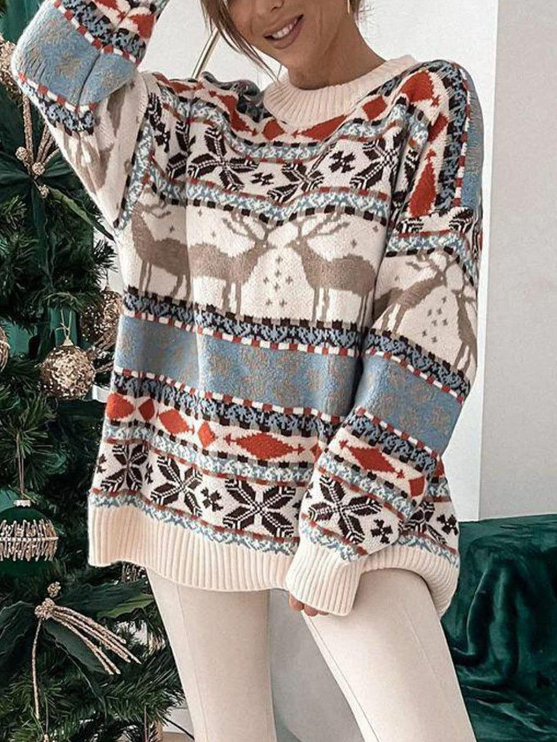 Geometric Round Neck Dropped Shoulder Sweater in cream