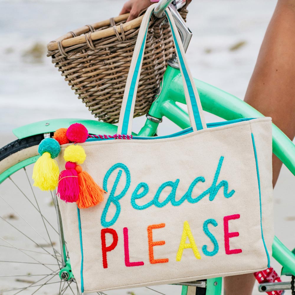 Beach Please tote bag with bright colorful lettering and oversized tassel