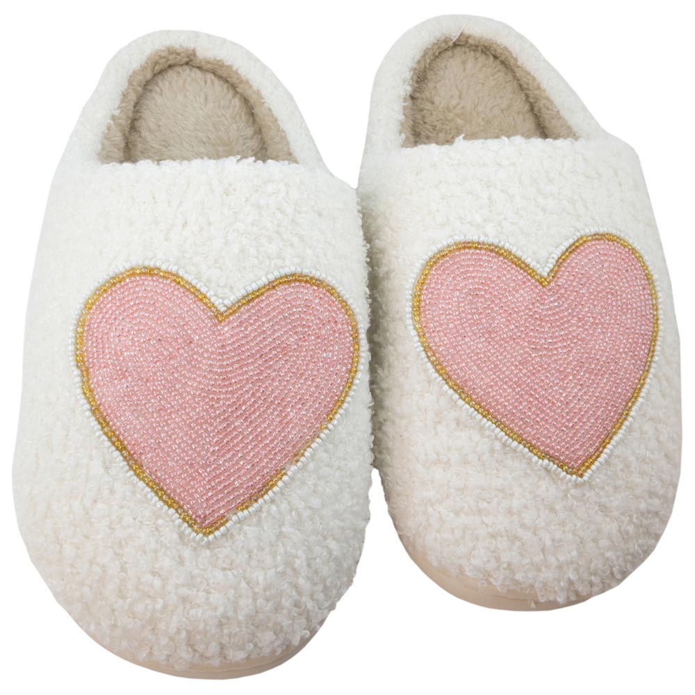 Beaded Pink And Gold Heart Fuzzy Slippers have intricate beading embroidery