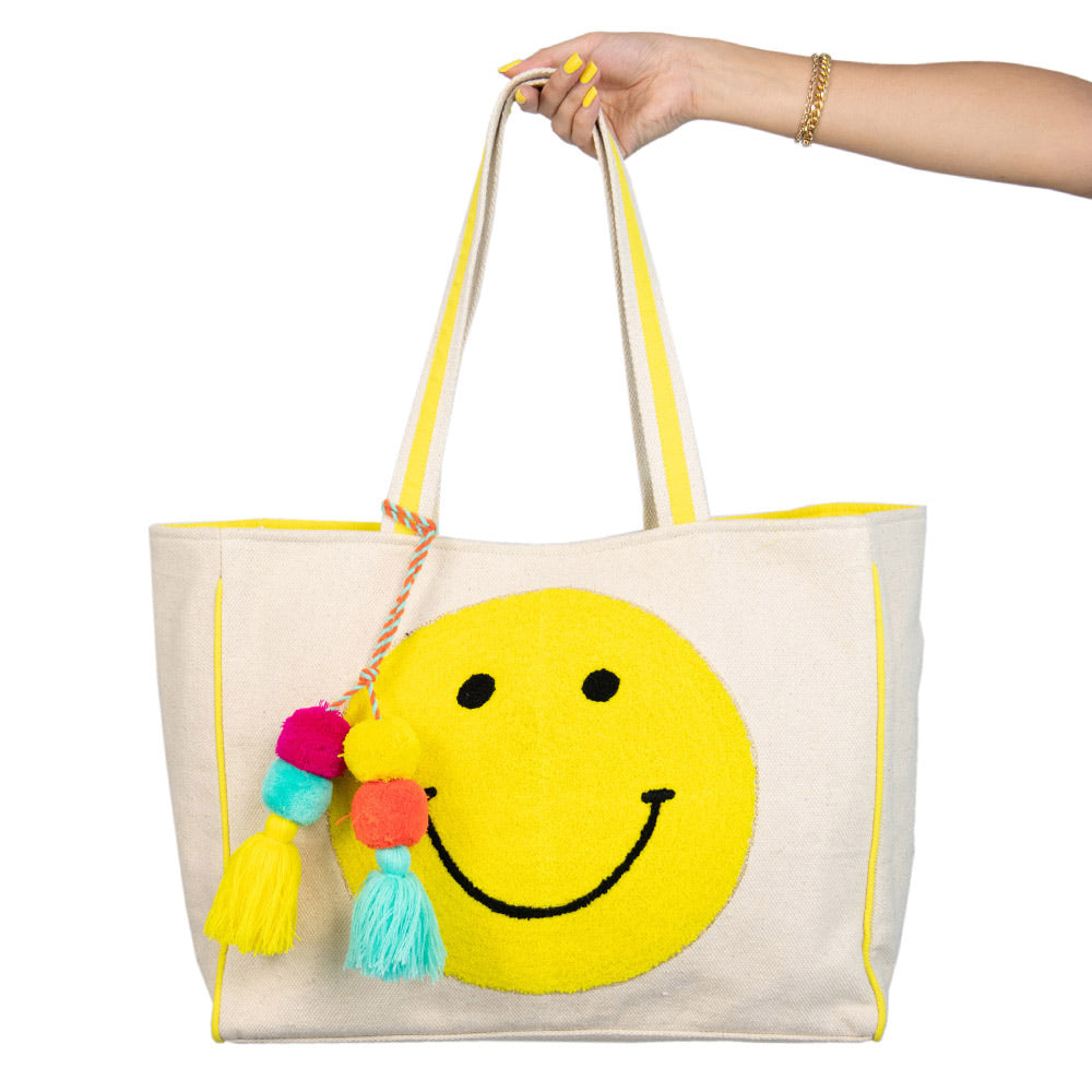 Happy Face Chenille Patch Tote Bag with colorful tassel pom poms
