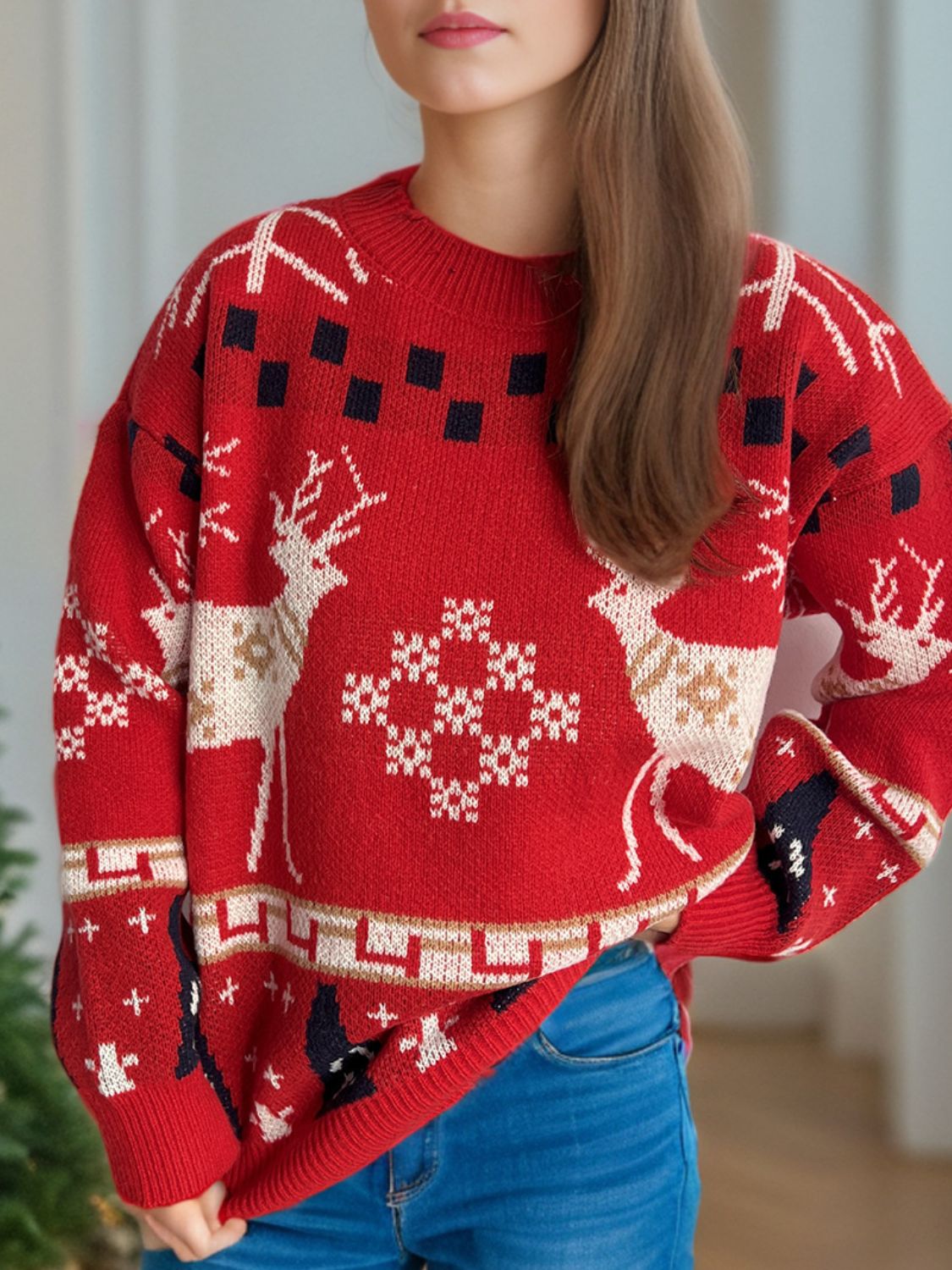 Christmas Element Round Neck Long Sleeve Sweater in red