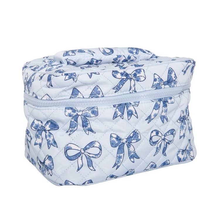 Light Blue Toile Coquette Bows Makeup Bag is 100% polyester