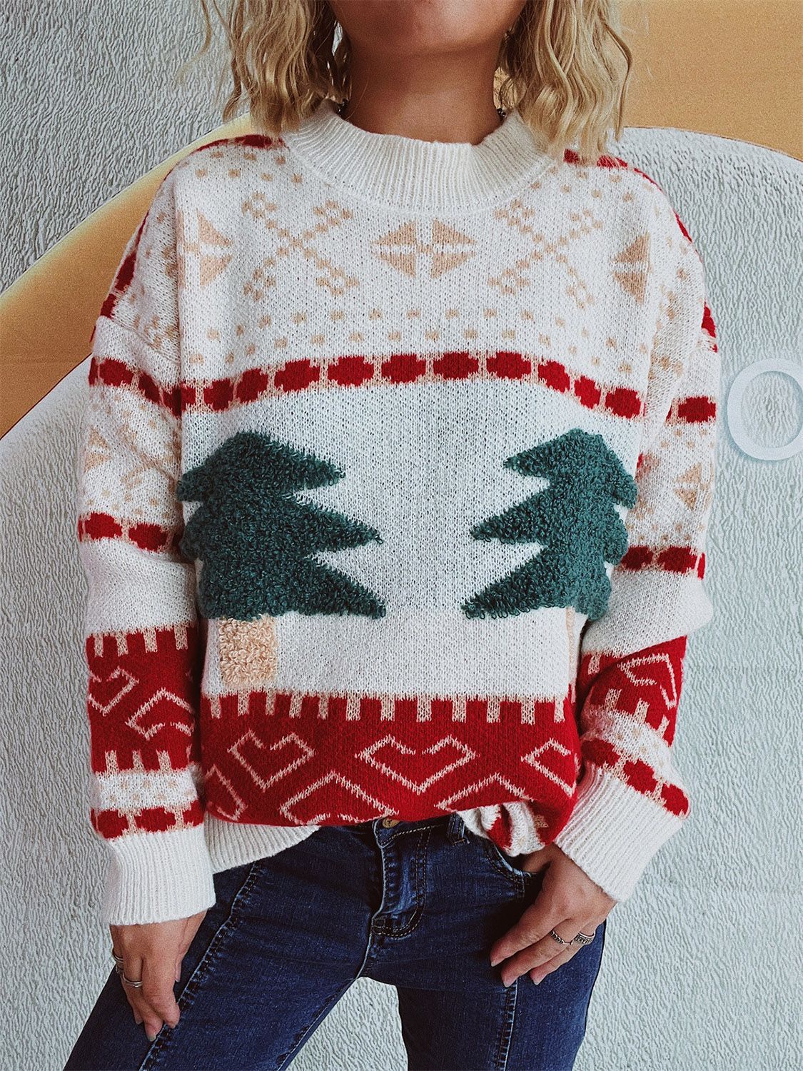 Christmas Tree Mock Neck Long Sleeve Sweater in beige