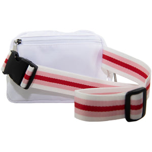 White Solid Belt Bag with Striped Strap with pink, red, and white striped adjustable strap