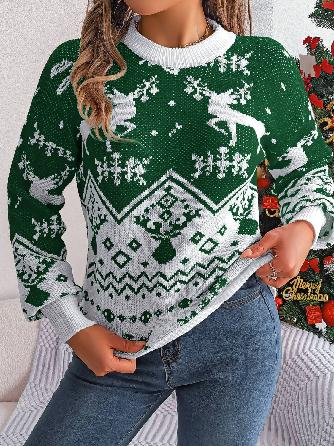 Christmas Element Round Neck Long Sleeve Sweater in dark green