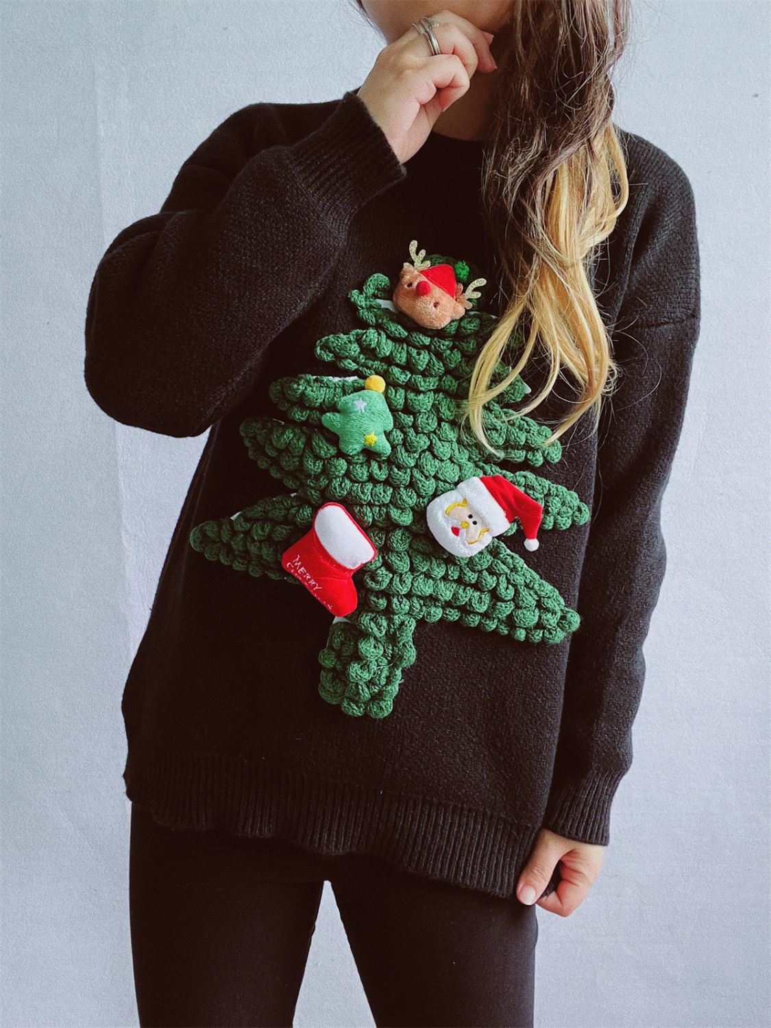 Christmas Tree Round Neck Long Sleeve Sweater in black