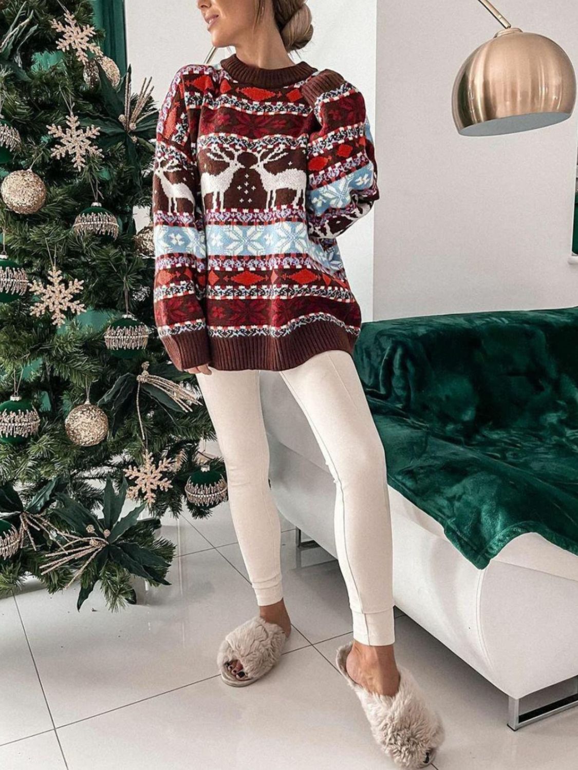 Geometric Round Neck Dropped Shoulder Sweater in brown