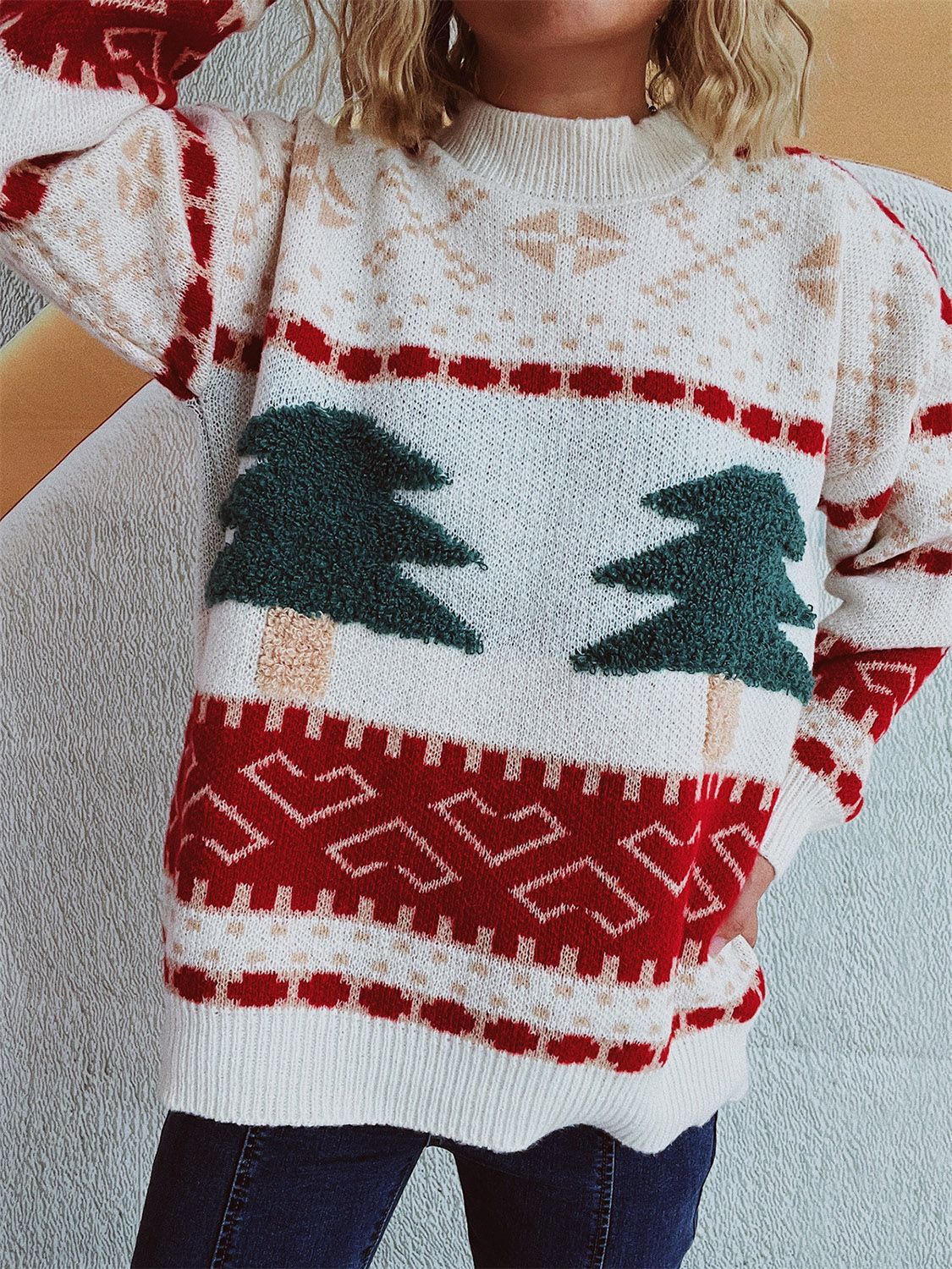 Christmas Tree Mock Neck Long Sleeve Sweater in beige