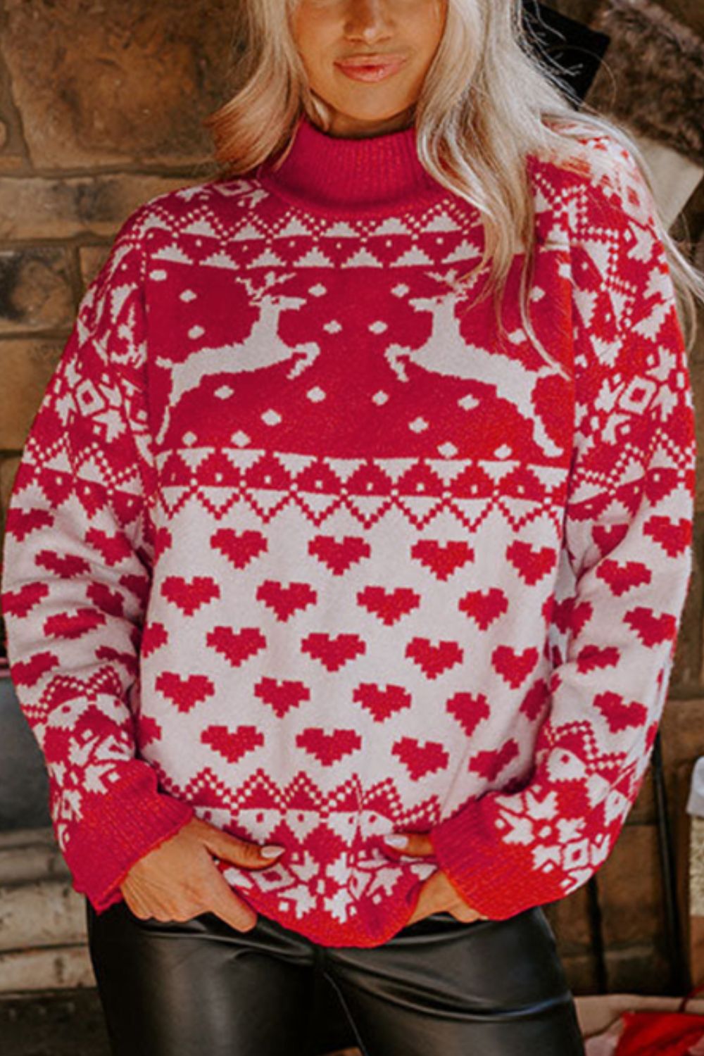 Christmas Element Turtleneck Long Sleeve Sweater in fiery red