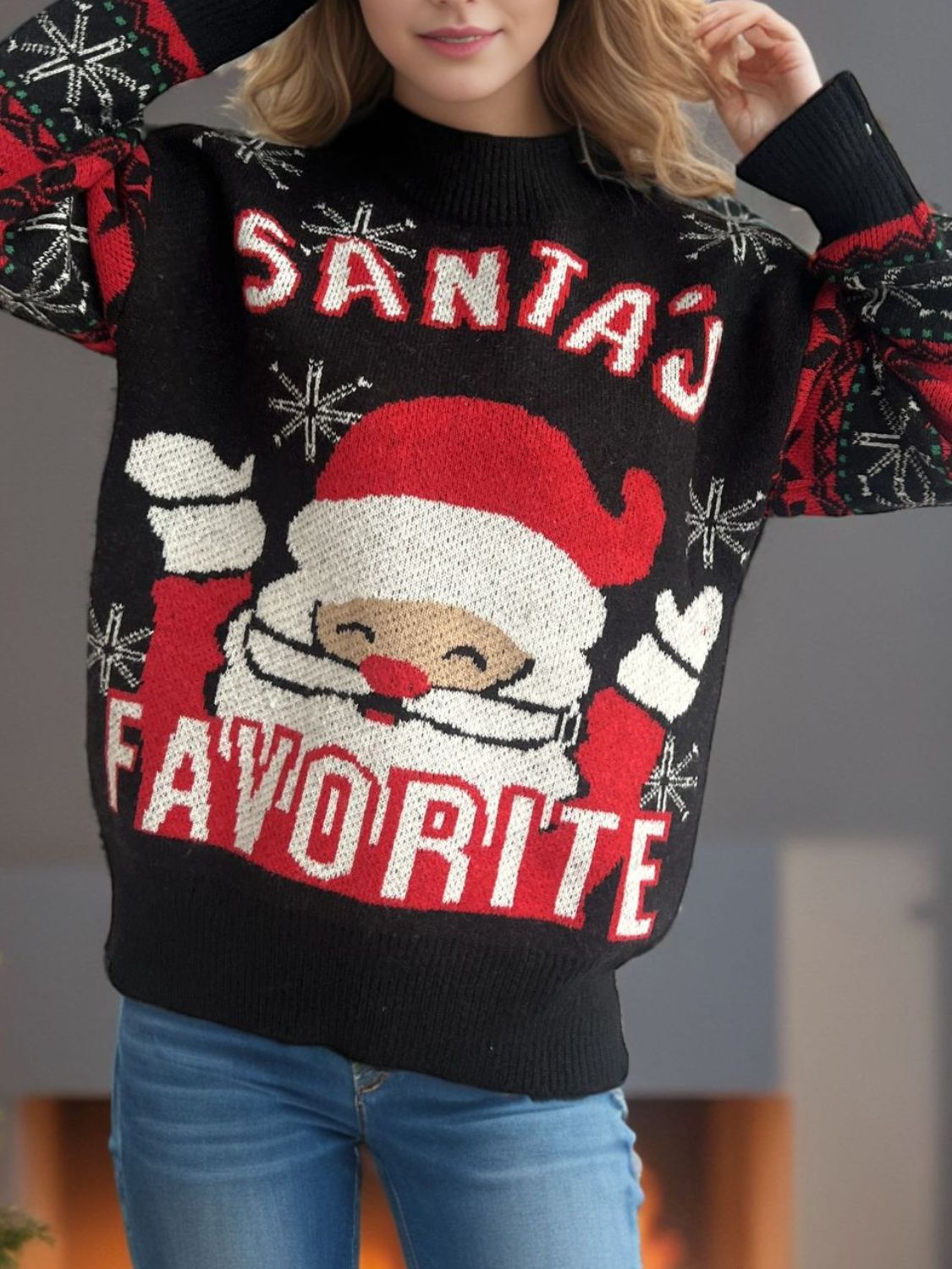 Santa Mock Neck Long Sleeve Sweater in black