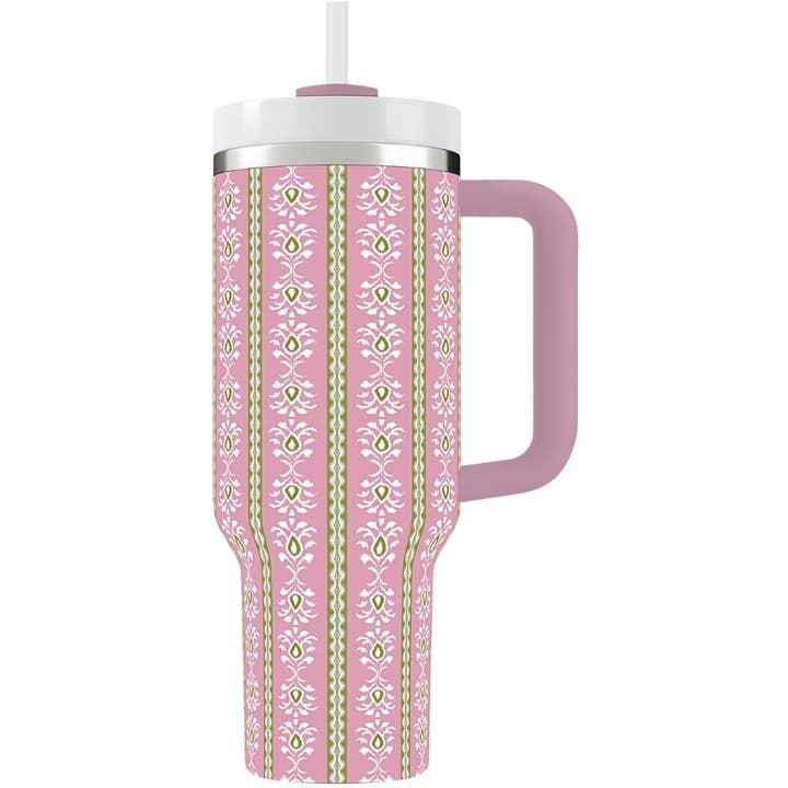 Rosemary Stripe 40 oz. Tumbler in pinks and greens with a plastic lid and straw