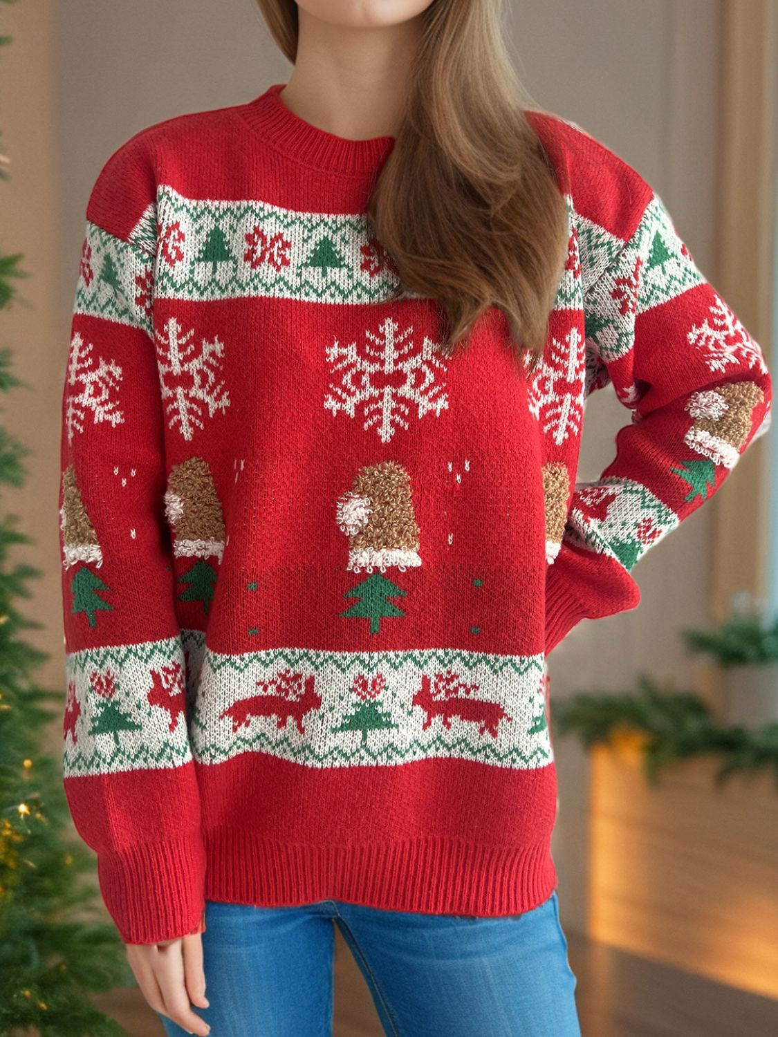 Christmas Element Round Neck Long Sleeve Sweater in deep red