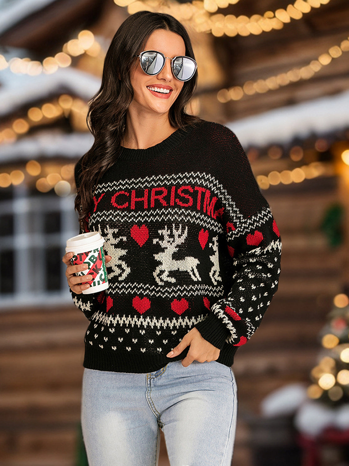 Perfee Christmas Element Round Neck Sweater in black