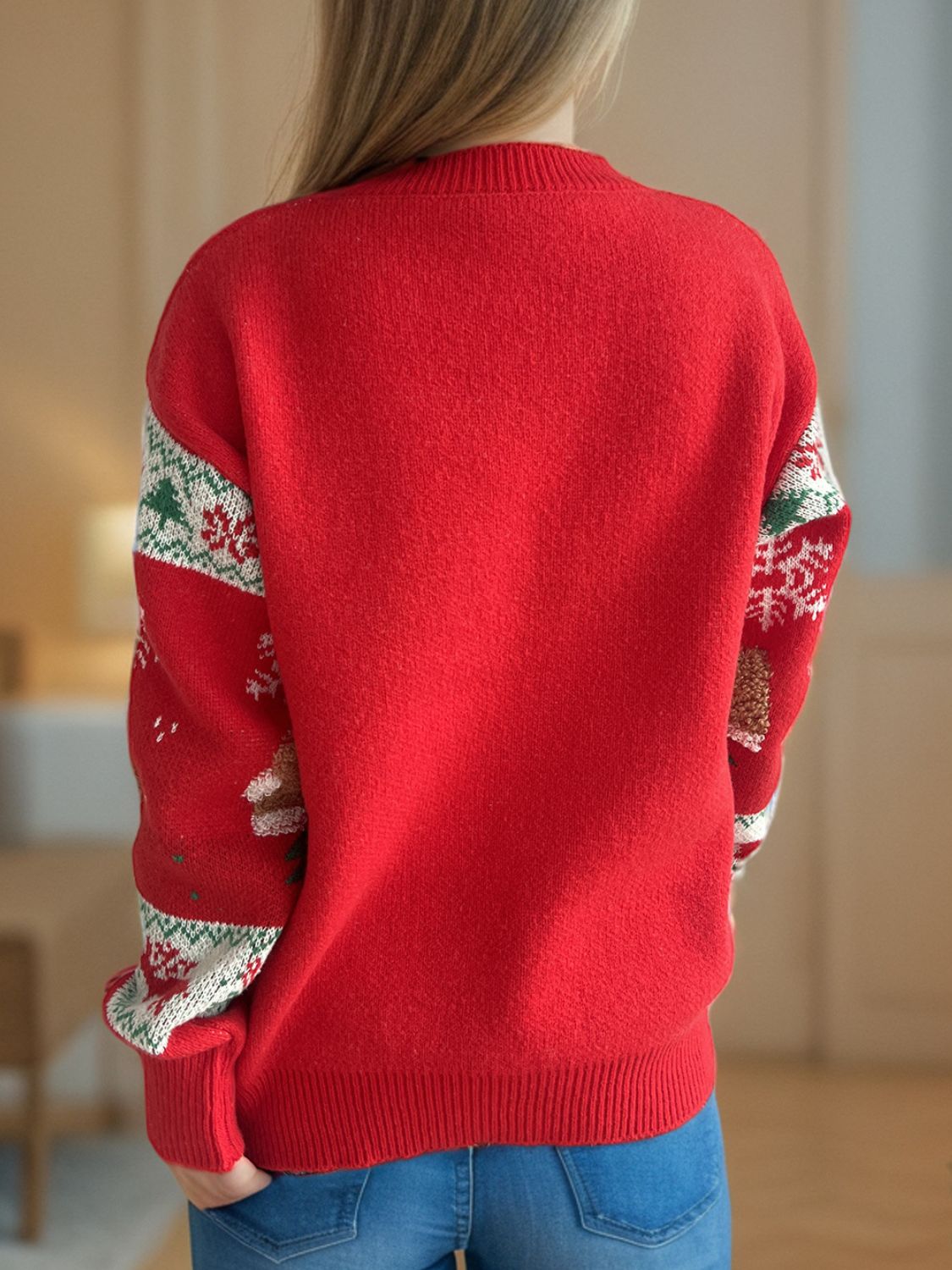 Christmas Element Round Neck Long Sleeve Sweater in deep red back view