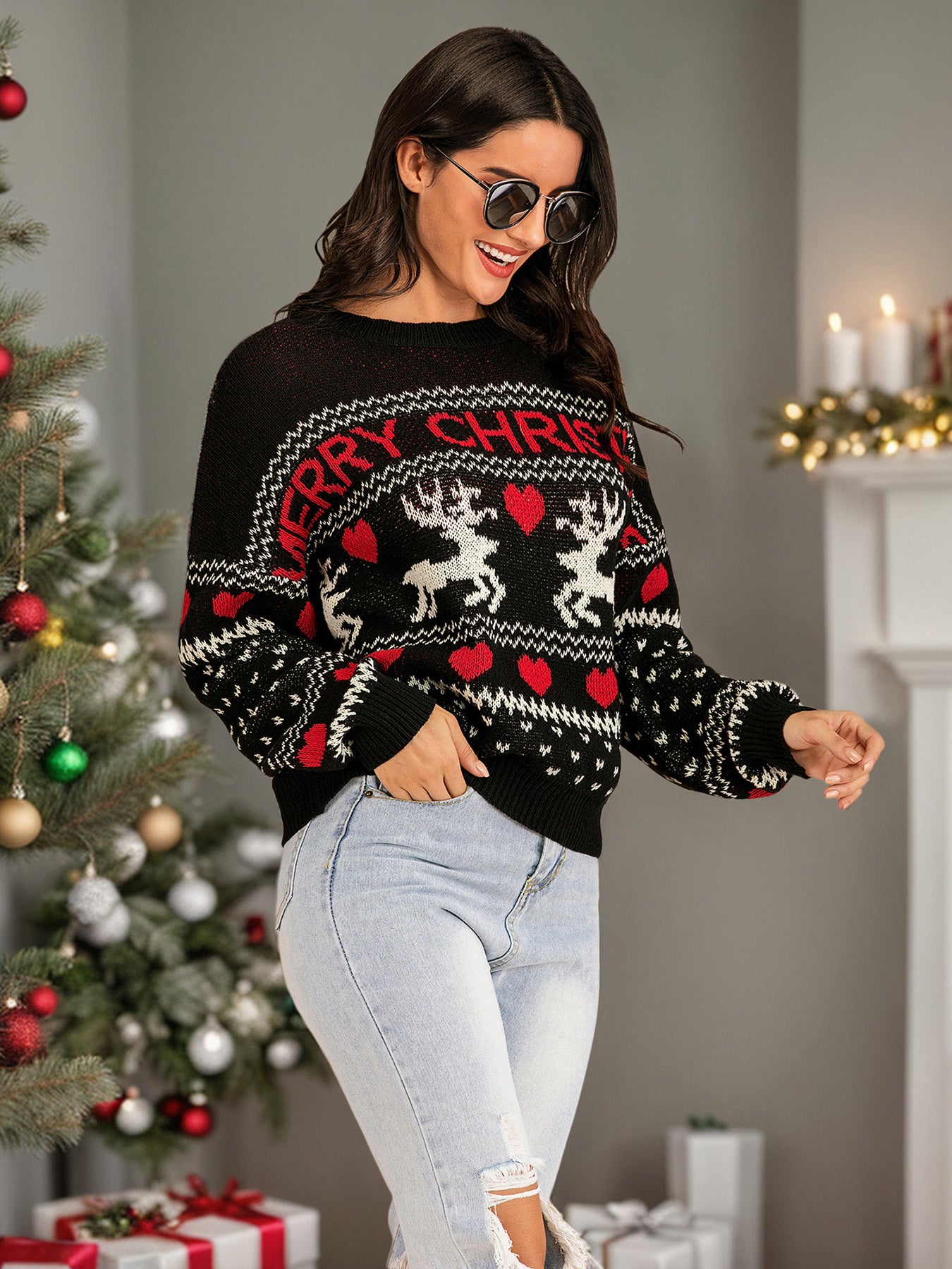 Perfee Christmas Element Round Neck Sweater in black