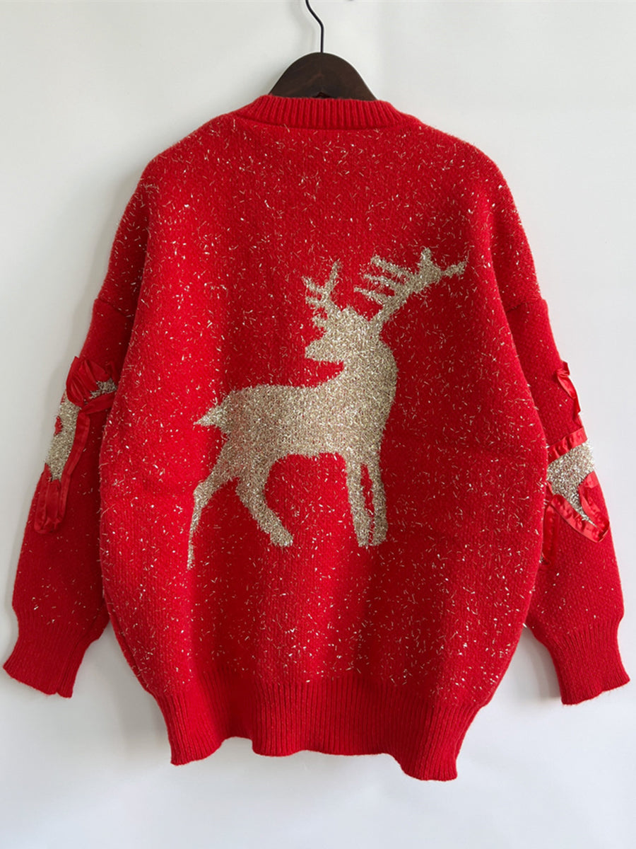 Reindeer Round Neck Long Sleeve Sweater in red