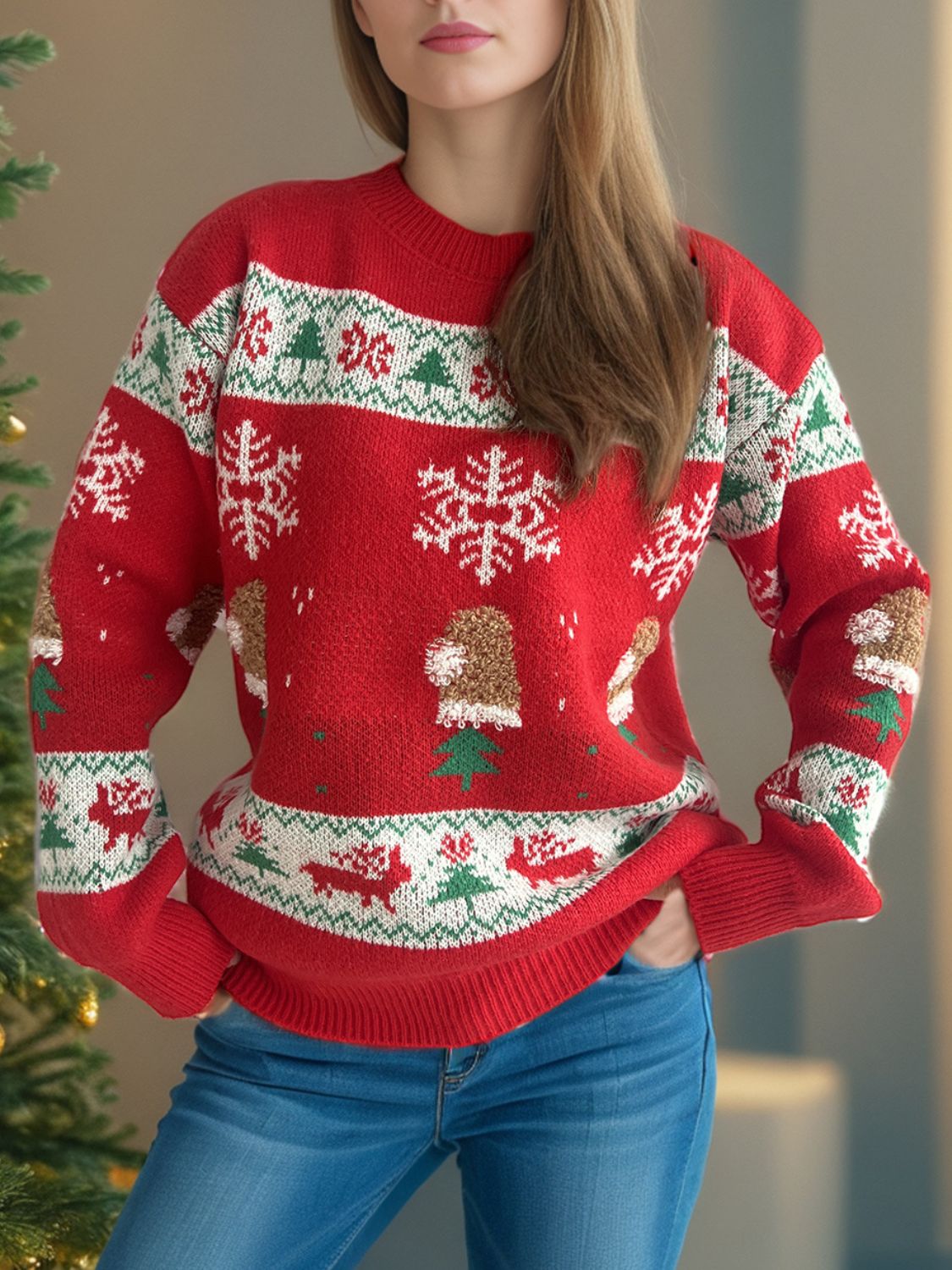 Christmas Element Round Neck Long Sleeve Sweater in deep red