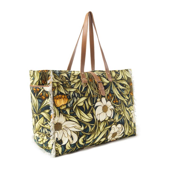 Lovely Florals Weekender Bag in dark green has an 11" handle