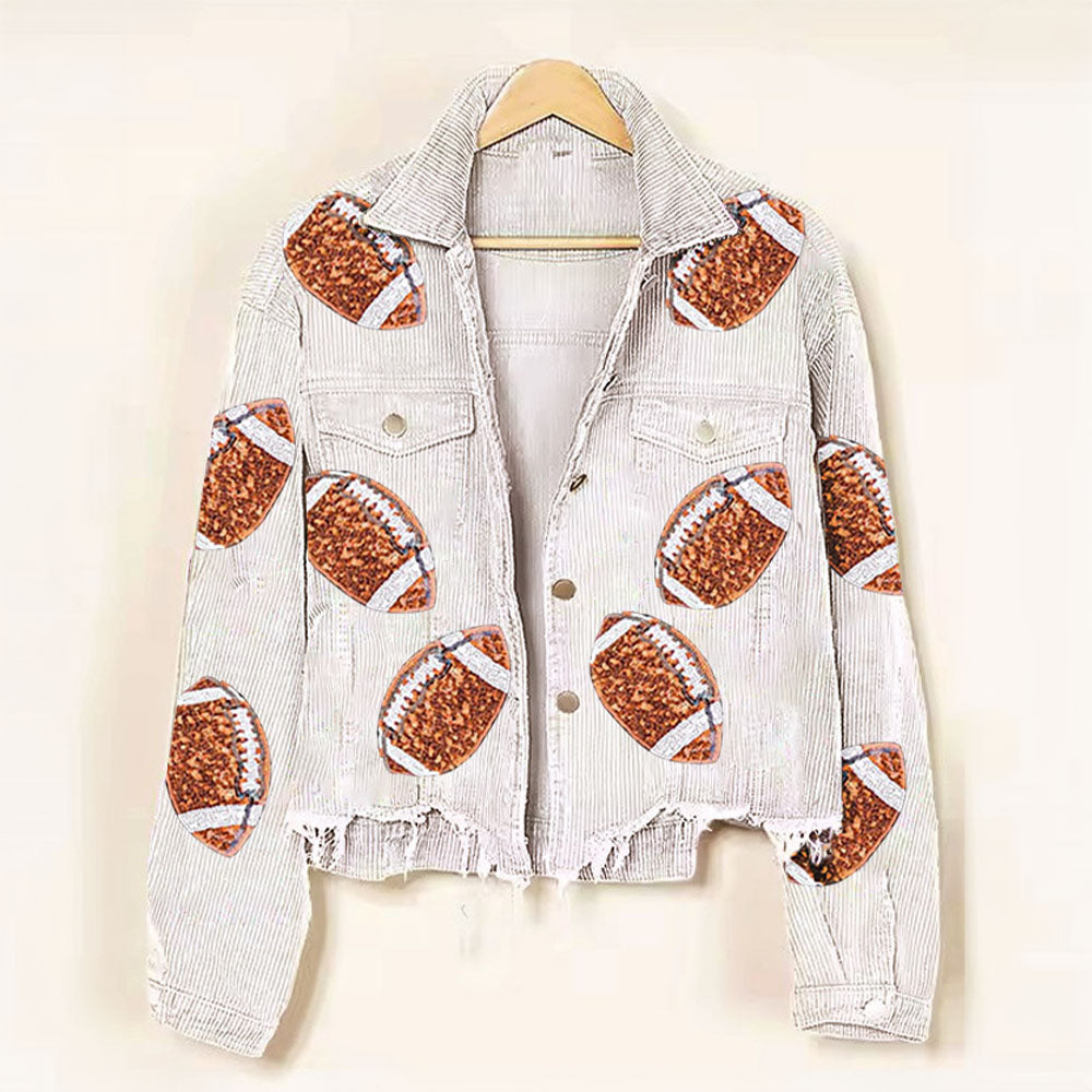 Sequin Football Cropped Corduroy Shacket in beige