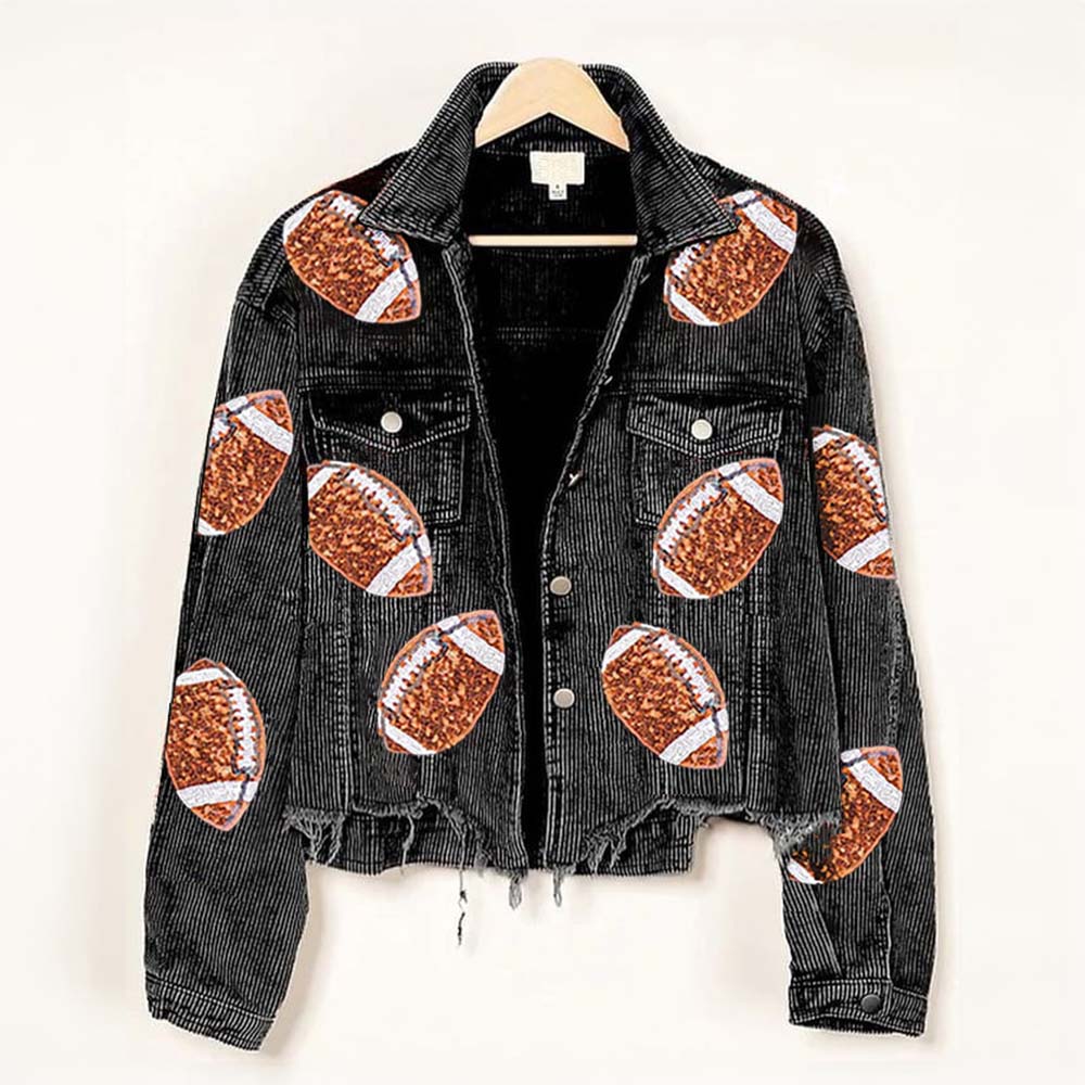 Sequin Football Cropped Corduroy Shacket in charcoal