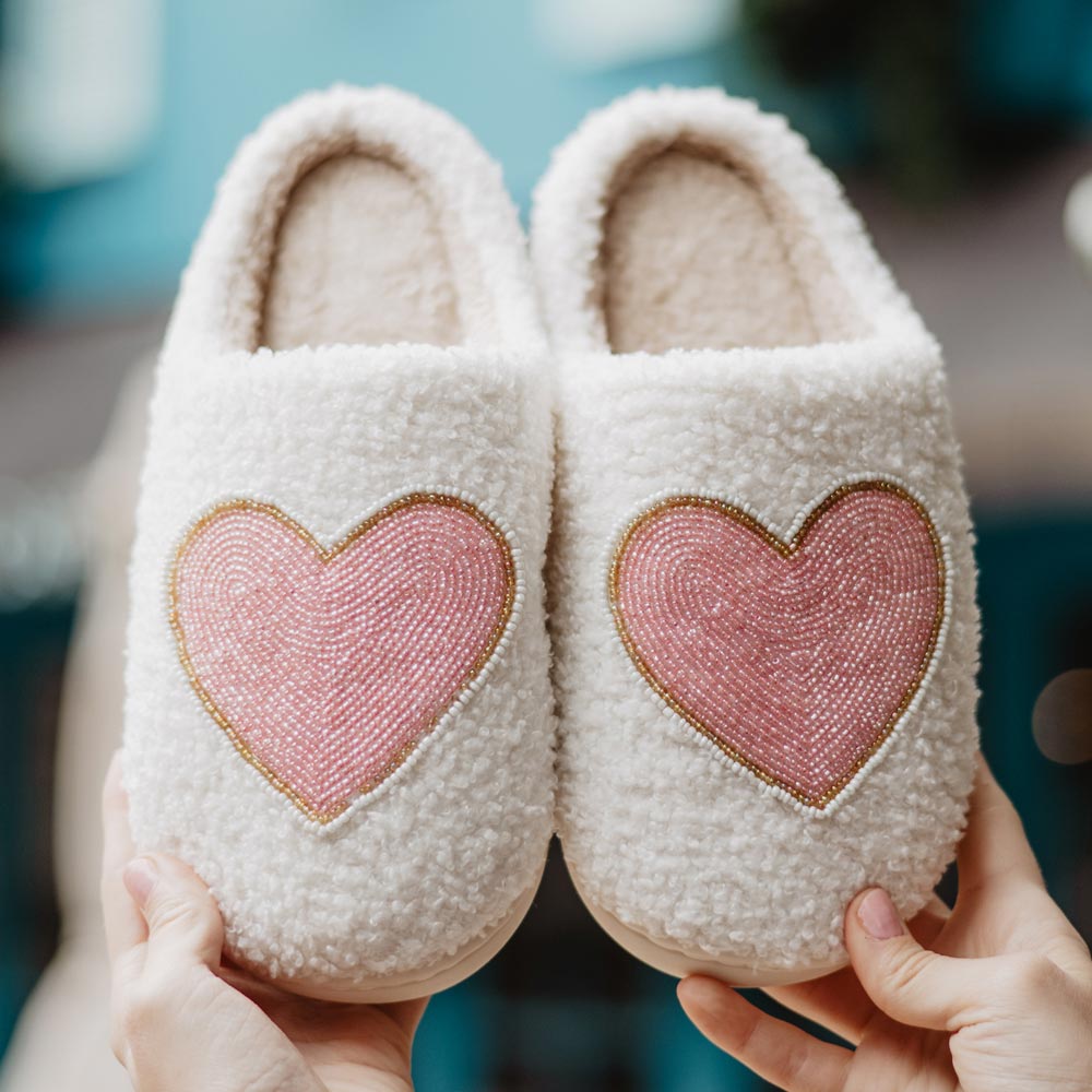 Beaded Pink And Gold Heart Fuzzy Slippers