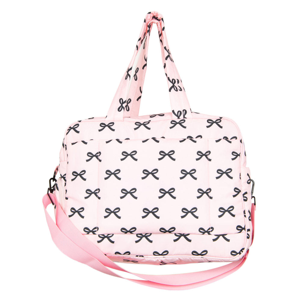 Black and Pink Mini Bows Duffel Weekender Bag has interior and exterior pockets