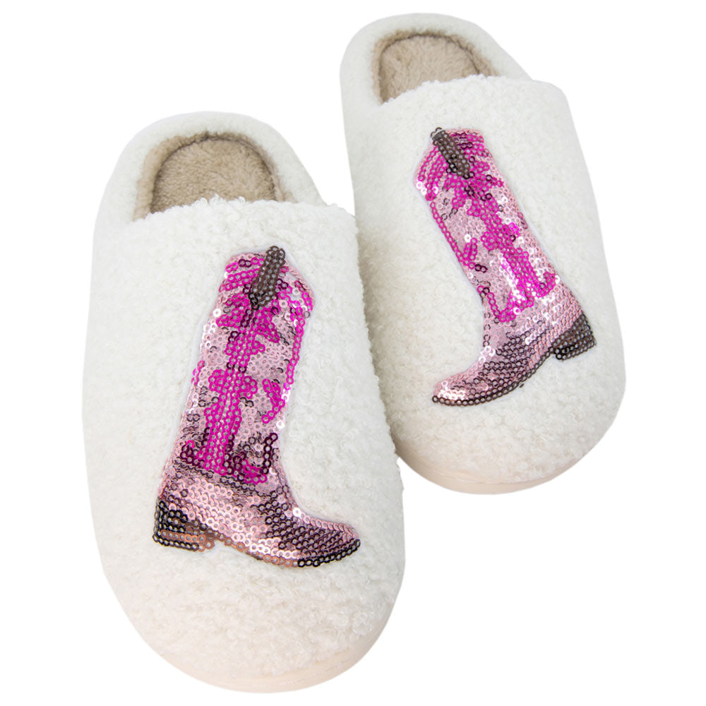 Pink Sequin Kicking Boots Fuzzy Slippers for the city or country cowgirl