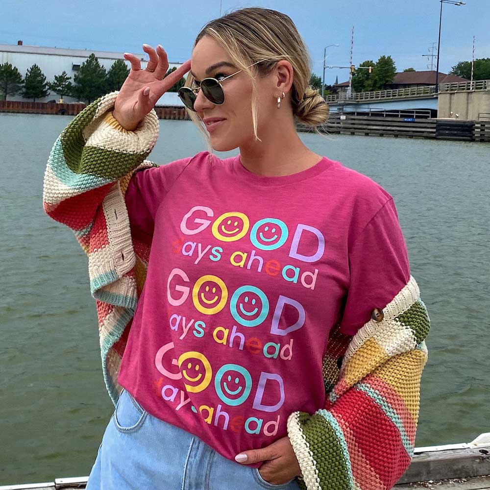 Good Days Ahead Happy Face T-Shirt in raspberry