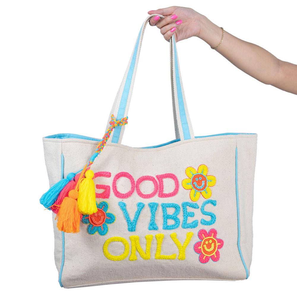 Good Vibes Only Tote Bag with colorful tassel on shoulder strap