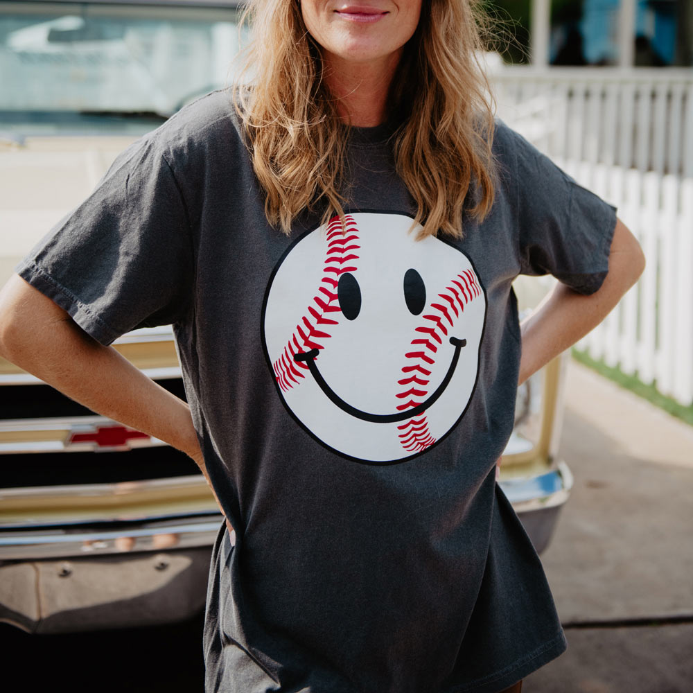 Baseball Happy Face Cute T-Shirt in pepper