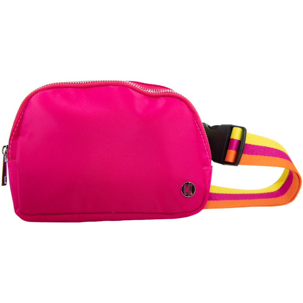 Hot Pink Solid Belt Bag with Striped Strap