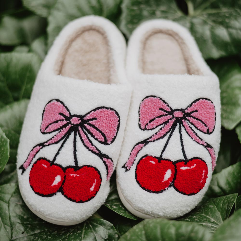 Cherry Bow Fuzzy Slippers