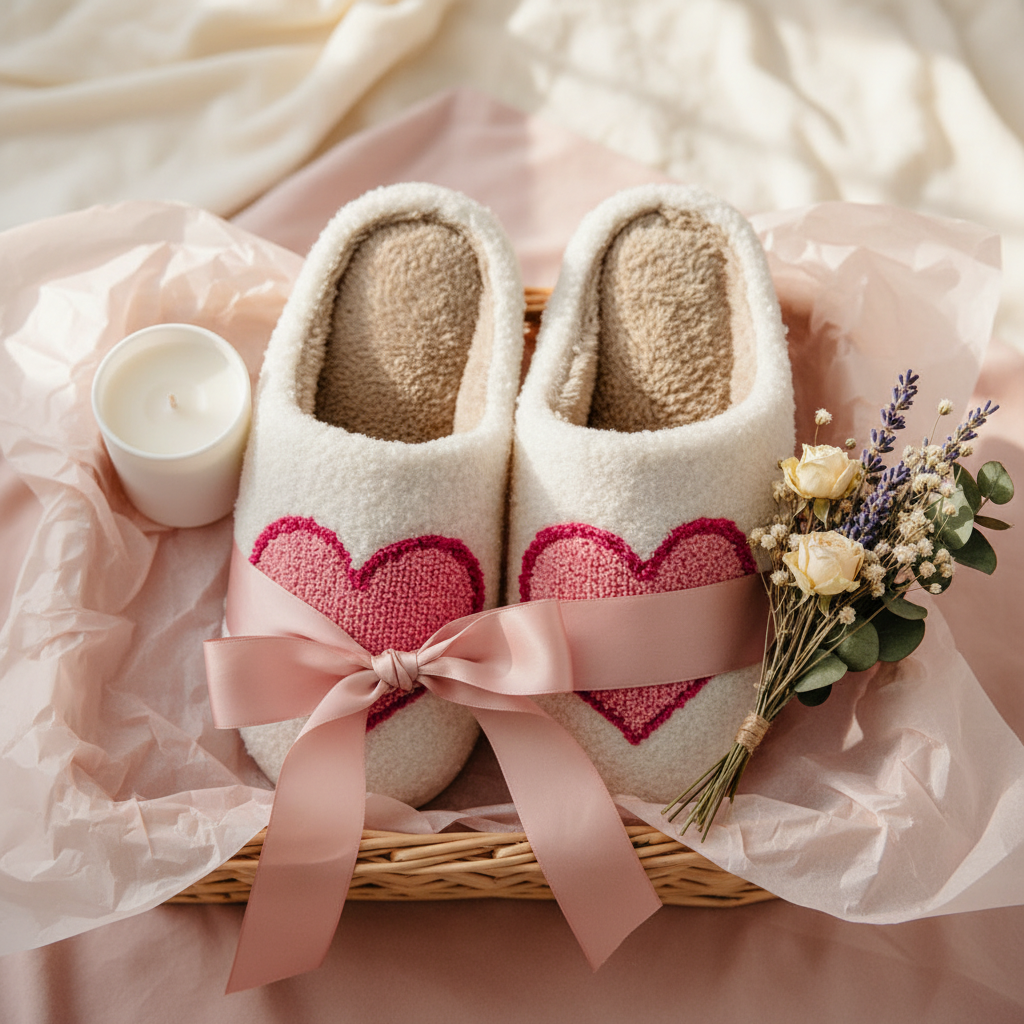 Pink and red heart fuzzy slippers flat lay gift basket with candle, pink ribbon, and dried flowers