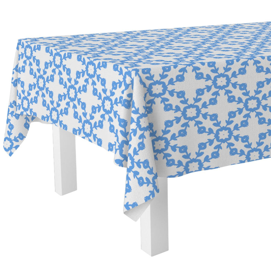 Highlands Blue Tablecloth has a traditional blue and white pattern invoking family gatherings